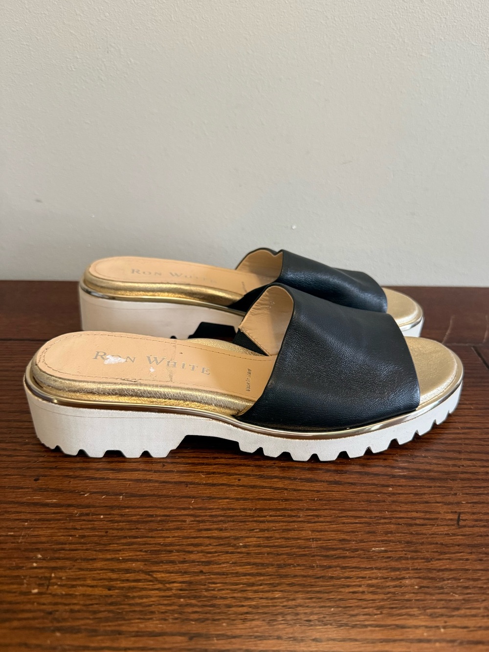 Ron White Carley Black Slide Sandals with White Lug Sole